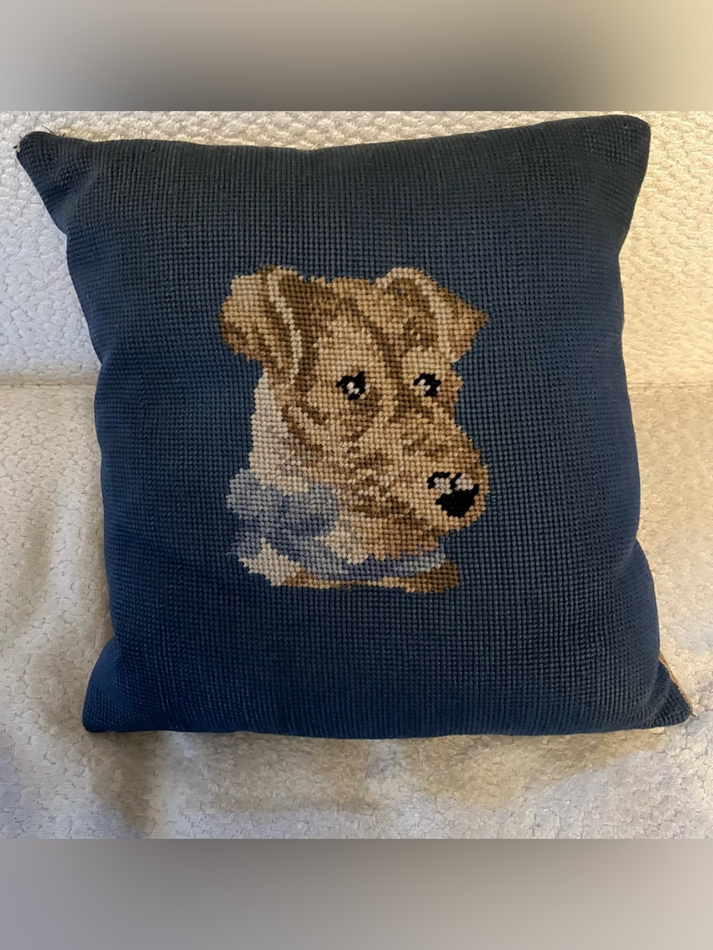 VTG Needlepoint Terrier Blue Dog Pillow Velvet Back 13x13 Cushion Cottagecore